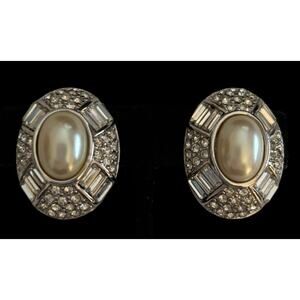 St. John Rhinestone Faux Pearl Oval Clip On Earrings Statement Signed Vintage